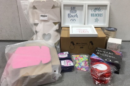 Box of 24 Light Bulb Jars, (3) Wood Beach Signs, &ldquo;Mom&rdquo; Candle, (4) Box of 12 Paint Markers, Shell Shaped Beads, Macrame Rope, Gift Boxes, (2) Dainty Snake Chains, (2) &ldquo;A&rdquo; Bracelets, (5) Rolls of Red Ribbon