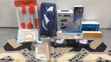 (4) Set of 4 Silicone Spatulas, Blue/White Throw Blanket, Heated Lunch Box, Shower Head, Wine Filter Aerator, Silicone Pastry Mat, Dough Whisk and Scraper, (4) Pack of 2 Ice Packs, (2) &ldquo;A&rdquo; Bracelets, (2) Dainty Snake Chains, (2) Beaded Bracelets, Crepe Sp