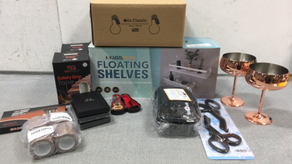 Box of 24 Light Bulb Jars, Floating Shelves, Metal Drink Glasses, (2) Slip Guard Safety Tape, (3) Wallets, Magnetic Wristband, Wood Tape, Miniature Guitar, Trauma Shears, MedBuddy Carrying Case