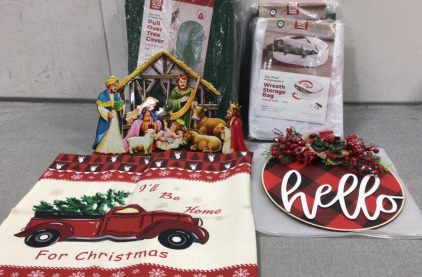 (3) Tree Covers, (2) Wreath Storage Bags, Metal Nativity Sign, &ldquo;Hello&rdquo; Wood Sign, Red Truck Short Curtain