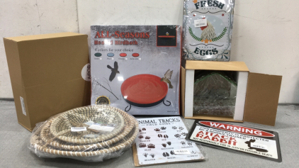 All Seasons Bird Bath, Birdhouse, &ldquo;Farm Fresh Eggs&rdquo; Sign, &ldquo;Animal Tracks&rdquo; Sign, &ldquo;Attack Rabbit&rdquo; Sign, Set of 3 Decor Baskets, Outdoor Patio Rug