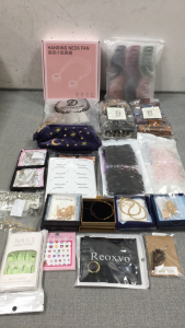 Hair Clips, Elastic Bands, Cosmetic Bag, Neck Fan, Eye Makeup Guides, Wood Earrings, (2) Size 9 Rings, Press On Nails, Nail Stickers, &ldquo;Tracey&rdquo; Necklace, (2) Graduation Necklaces: (1) &ldquo;C&rdquo; (1) &ldquo;B&rdquo;, (2) &ldquo;M&rdquo; Necklaces, Beaded Bracelet, (2) Dainty Snake Chains