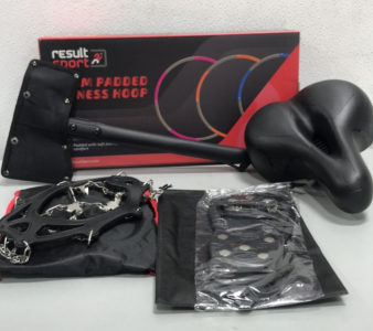 (1) Result Sport Foam Padded Fitness Hoop, (1) Blueziner Bike Seat, (1) Outdoor Airtol Camping Axe, and more