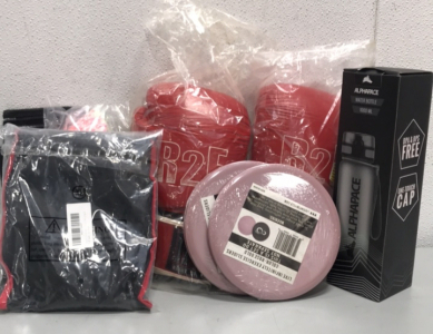 (2) Live Infinity Exercise Sliders Rose Gold, (1) Colorful Swimming Pool Ball, (1) 1000 ML AlphaPace Black Waterbottle, and More