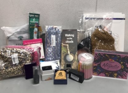 (1) Silver Bar .999 Souvenir, (1) 20 piece Las Sham and Face Sponge Pink, (1) 5 in 1 Beauty Care Massager, (1) Pretty Pal Black Nail Gel 15ml, (1) Sapphire Art Design, and more