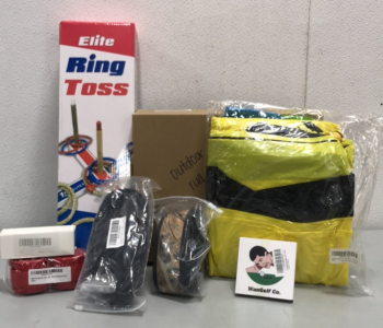 (1) Elite Ring Toss, (1) Black Outdoor Rug, (1) Lawn Water Slide, and More