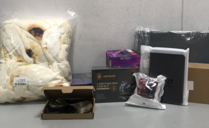 (1). QZYL LED Strip Lights, (1) Lightailing LED Kit, (1) (1) Fairy String Light, (1) ByTech The Art of Technology, (1) Sunset Lamp Projector Bedroom Decor, (1) Burrito Blanket, (1)DTTo Never Miss A Deal Tablet Case, (1) Dark Gray Duvet