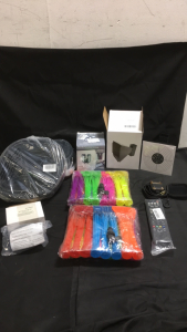 (1) LED Deformable Lamp (1) Yeagoo Pellet Gun Pellet Trap Target (1320) Water Balloons (1) RV 30A Circuit Tester (2) Thicken 1.5&rdquo; x 50&rsquo; Swimming Pool Drain Hoses (1) Stylish AirPods case