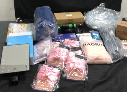 (3) Oyefly Trampoline Sprinklers (3) Microwave Splatter Covers (4) Heart Shaped Kitchen Utensil Set (6) Curling Headbands (1) Deweisn LED Makeup Mirror (1) Small Blue Sleeping Bag (1) Galeboy Facial Slimming Strap (120) Natural Mosquito Patches
