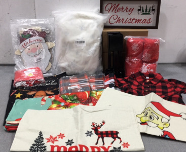 (3) Artificial Tree Stands, Set of 4 Chair Covers, Merry Christmas/Welcome Wood Sign, (3) Set of Snowman and Santa Welcome Signs, (3) Vertical Banners, Pillow Covers, Child&rsquo;s Dress, Red Tree Skirt, Garden Flag, (2) Fuzzy White Tree Skirts