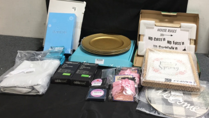 (2) Funny Decrotive Wall Prints (2) Round Welcome Signs (2) Hair curling Headbands (2) Cablemed AIO Sleeving Kits (1) Marble Insulated 52&rdquo; x 72&rdquo; Curtain Set (6) Maoname 13&rdquo; Gold Plastic Decrotive Plates (3) Various Makeups and more In this Households lot