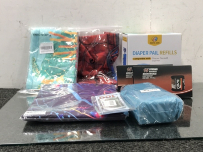 (1) Moms Aide Diaper Pail Refills (Compatible with Diaper Genie), (1) Pack of Fake $100 Bills, (1) Spider Man T shirt, (2) Magnetic Wristbands, and More