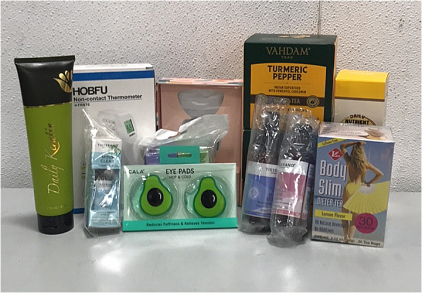 (2) Wahdam Teas Herbal Tea, (1) HobFu Non-Contact Thermometer, (1) Daily Kertain, (1) Pack of EyePads, (1) Body Slim Lemon Dieter Tea, and more