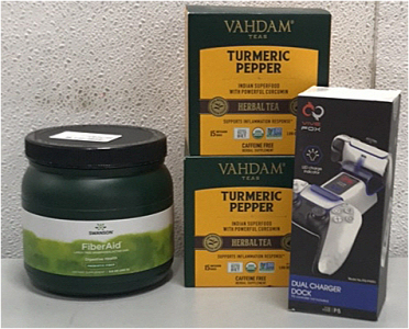 (2) VahDam Tumeric Pepper Herbal Teas, (1)Vive Fox Dual Charger Dock, (1) Swanson FiberAid