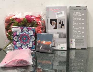 (2) Decoration Lamps, (1) LED Modeling Lamp,(2) Pack of Aesthetics Picture Collage, (1) Fake Flowers, and More