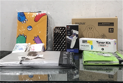 (1) Pok&eacute;mon Card Binder, (1) IPhone 13 Pro Max Case, (1) Hapah Penguin and eggs Pool Toys, (1) Vive Fox Dual Charger Dock, (1) Coloner Toner Kit, and more