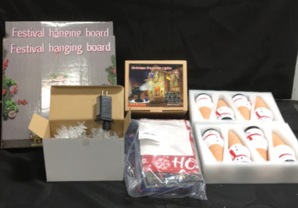 (8) Ceramic Snowman Plant Holders (1) Impoto Christmas Projector Lights (96) Christmas Gift Bags (2) Festive Christmas Hanging Boards (1) 42&rsquo; String Of Star LED Christmas Lights