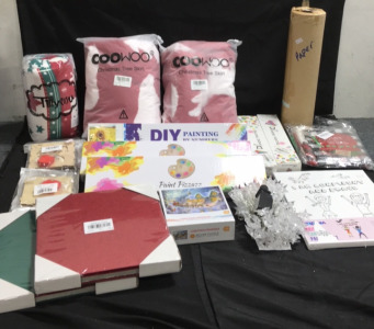 (5) Do It Yourself Paint By Numbers Kits (2) Hardcover Photo albums (1) Christmas Puzzle (1) 42&rsquo; String Of Star LED Christmas Lights (2) CooWoo Christmas Tree Skirts (1) Tillymu 50&rdquo; x 60&rdquo; Sherpa Blanket (16 Roll Of Brown Construction paper (1) Christmas W