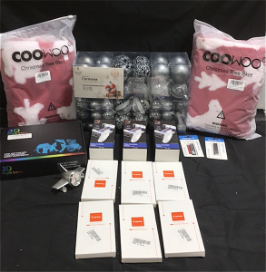 (3) ViveFox PlayStation 5 Charging Docks (6) IPhone 12 mini Phone Cases(2) Phone Holders (2) Coowoo Christmas Tree Skirts (100) Ball Christmas Ornaments Set (1) 7-Color 3D Night Light (1) Airplane Clock