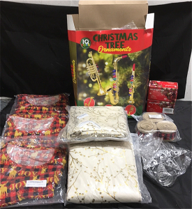 (3) Pairs Womens Christmas Pajamas Size Medium (3) Aogu 48&rdquo; Gold Christmas Tree Skirt (1) Christmas Tree Topper(2) Strings Of Multi Function Christmas Lights (1) Set Of Musical Instrument Christmas Decorations