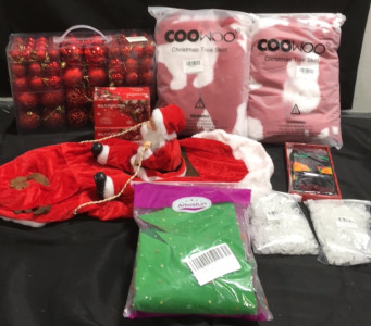 (2) CooWoo Christmas Tree Skirts (100) Meliki Ball Christmas Tree decorations (1) Santa Clause Coatume For Dogs (1) apairvOf Novelty Socks (1) Felt Christmas Tree Decorations (2) Strings Of Multu Function Christmas lights (240) Christmas Light Clips