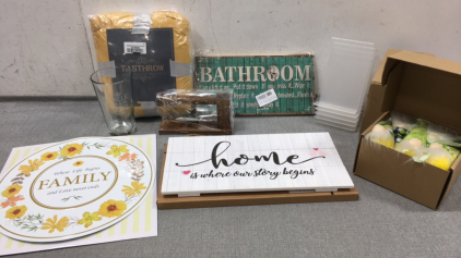 Yellow Throw Blanket, Bathroom Sign, (2) Wood Home Signs, (2) Metal Family Signs, Hanging Citrus Gnomes, Acrylic Stands, Uncle Drinking Glass, Wood Toilet Paper Holder