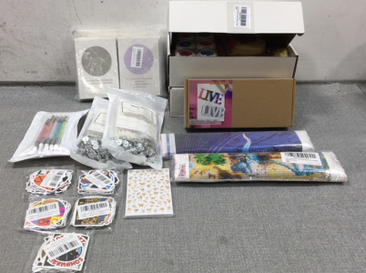 (2) Instax Mini 9 Accessories, (2) Diamond Painting Kits, &ldquo;Live&rdquo; Resin Mold, (2) Candle Wick Kits, Greeting Cards, Rubber Tip Brushes, Nail Stickers, Various Sticker Packs