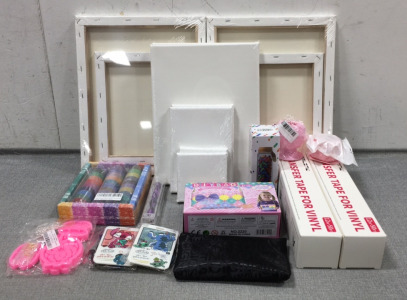 Set of 10 Canvases of Various Sizes, Crayon Discs, Diamond Painting Pen, Keychain Resin Molds, Jar of Secrets, (2) Rolls of Transfer Tape for Vinyl, (2) Vinyl Collectors, Crochet Kit, DIY Bag Kit, (2) Stitch Lanyards