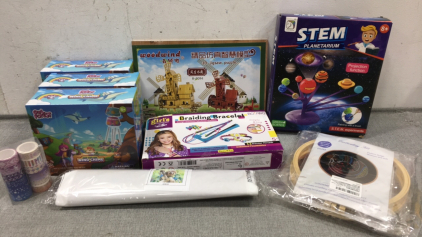 (3) Build Your Own Wind Chime Kits, 3D Wood Windmill Puzzle, Stem Planetarium, Braiding Bracelets Kit, Embroidery Kit, Slot Diamond Painting Kit, Pack of 12 Washi Tape Rolls