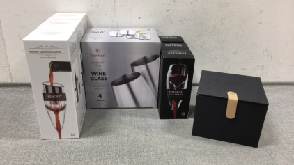 Set of 4 Stainless Steel Wine Tumblers, (3) Zortung Decanters, (3) Fengyet Decanters, 1996 Birthday Whiskey Glass