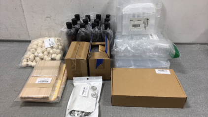 Various Small Containers, Dropper Bottles, Lotion Bottles, Wood Beads, Candle Wick Clamps, Wood Sticks for Candle Making and Waxing