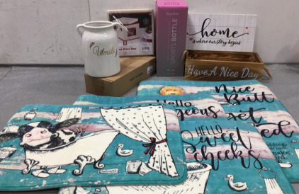 (5) Various Bat Mats, Wood Decor Box, Wood Home Sign, Sports Bottle, Ceramic Utensil Holder, Spice Shelves, Salad Plate Box