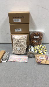 (5) Box of 300 Wood Beads, (2) Cutter/Sealer, (2) Bead Garlands, Beaded Sticks, Heart Clay Charms, Ribbon