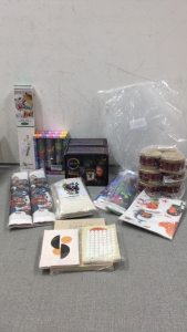 (6) Diamond Painting Kits, (2) Acrylic Paint Palettes, (2) Lantern Craft Kit, (2) Box of Crayon Discs, (3) Pack of 3 Rolls of Ribbon, Paint by Numbers Kit, (2) Pack of Simple Wall Art Prints