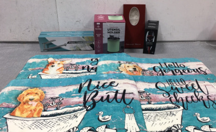 (4) Bath Mats, (3) Decanters, Chocolate Molds, Utensil Holder, (2) Mounted Paper Towel Holders