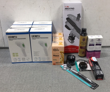(6) Non-Contact Thermometers, Arch Pad Shoe Insert, (3) Maca Gummies, Turmeric Body Oil, (2) ElderZinc Juice Concentrate, Charcoal Dental Set: Toothbrush, Powder, Toothpaste, Floss