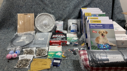 (6) dog puzzles-pet bed and accessories-(3) shelf&rsquo;s-and more