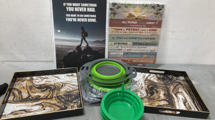 Inspirational And Scriptural Pictures, Serving Trays, Collapsible Filter Baskets And Bowls With Strays