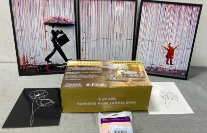 (3) Colorful Rain Pictures, Set Of Unframed Pictures , Set Of Wire Baskets And Anti Slip Rug Grips
