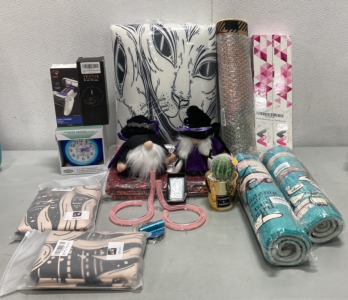 (1) Vive Fox P5 Dual Charging Dock, (1) Troy Ounce Silver Bar, (1) Quarts Clock W/ Projection, (2) Stainless Steel Broom/Mop Holder Sets Of 3 Racks And 4 Hooks, (2) Bath Matts, Holloween Knomes, (2) Tapestries, Rugs, and Others