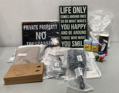 (1) Happy Life Sign Art, (8) Private Property Signs, (1) Vive Fox Dual Charger Dock P5, Esvan Tote Bag, Hat Rack, Duster, (3) Tiaoji Wind Up Chickens, (20) 100m Plastic Bottles W/ Lids, + Others