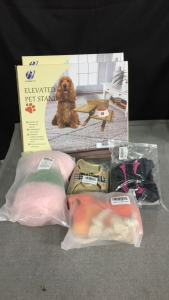 Elevated Food and Water Stand - (2) Harnesses - Dog Toys - Blanket