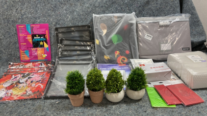 (4) Mouse Pads-(7) Dry Erase Pockets-Binder-Fire Proof File Box-Fake Plants And More