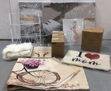 (3) Abstract Canvas Prints, (3) Aroma Diffusers, Fine Line Art Prints, Wire H anging Organizer, LED Candle, &ldquo;I Love Mom&rdquo; Table Runner, Simple Wall Art Prints, Fuzzy Pillow Cover, Glass Wine Tumbler, Bike and Butterflies Table Runner