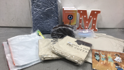 (2) UFO Sunset Lamps, &ldquo;M&rdquo; Light, (3) Set of 4 Placemats, Rotating Remote Organizer, Mesh Laundry Basket, Bath Mat, (2) Pack of 5 Mesh Zipper Pouches, Puppy Mouse Pad, Pillow Covers
