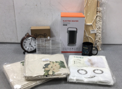 Electric Heater, Macram&eacute; Hanging Shelf, &ldquo;Wife&rdquo; Mug, Sheer Curtains, (2) Set of 4 Pillow Covers, Stacking Jewelry Holder, (2) Analog Clocks