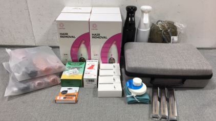 (4) Hair Removal Devices, (2) Spray Bottles, Survival and First Aid Kit, Massage Gun w/ Attachments, Foldable Bottle, (4) Toothpaste Squeezer Holders, Kids&rsquo; Acetaminophen, Zinc Echinacea Elderberry, Lip Balm, Hair Clips, (3) Eyebrow 2in1 Brush