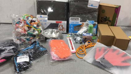 (4) Washable Cage Liners, Box of 900 Poop Bags, (2) Squirrel Feeders, (2) Grooming Gloves, No-Bark Collar, Standing Chew Toy, Stainless Steel Bowls, Collars, Harnesses, Hoodies, Life Jacket, Bird Toys, Leash