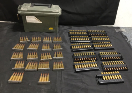 (107) Various Brand 7.62 x 51mm Cartridges (80) Various Brand 7.62x51mm Cartridges In Metal Ammo Clips (1) Plano Ammo Box