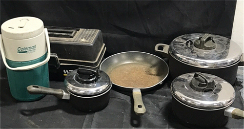 (1) Woodstream 2-Tray Tackle Box (1) Coleman Polylite Thermos (5) Camping Cook Pans With Lids